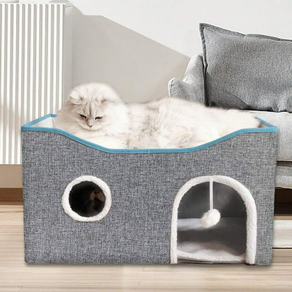 REZJSWFSMMJ Large Cat Beds for Indoor Cats - Extra Wide Cat Cube House for Small Pet with Fluffy Ball Hanging and Scratch Pad