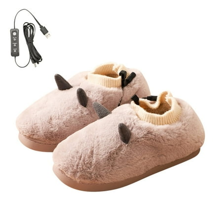 

USB Heated Slippers Plush Temperature Adjustable Heating Slippers Anti-slip Slippers Winter Foot Warmer for Women