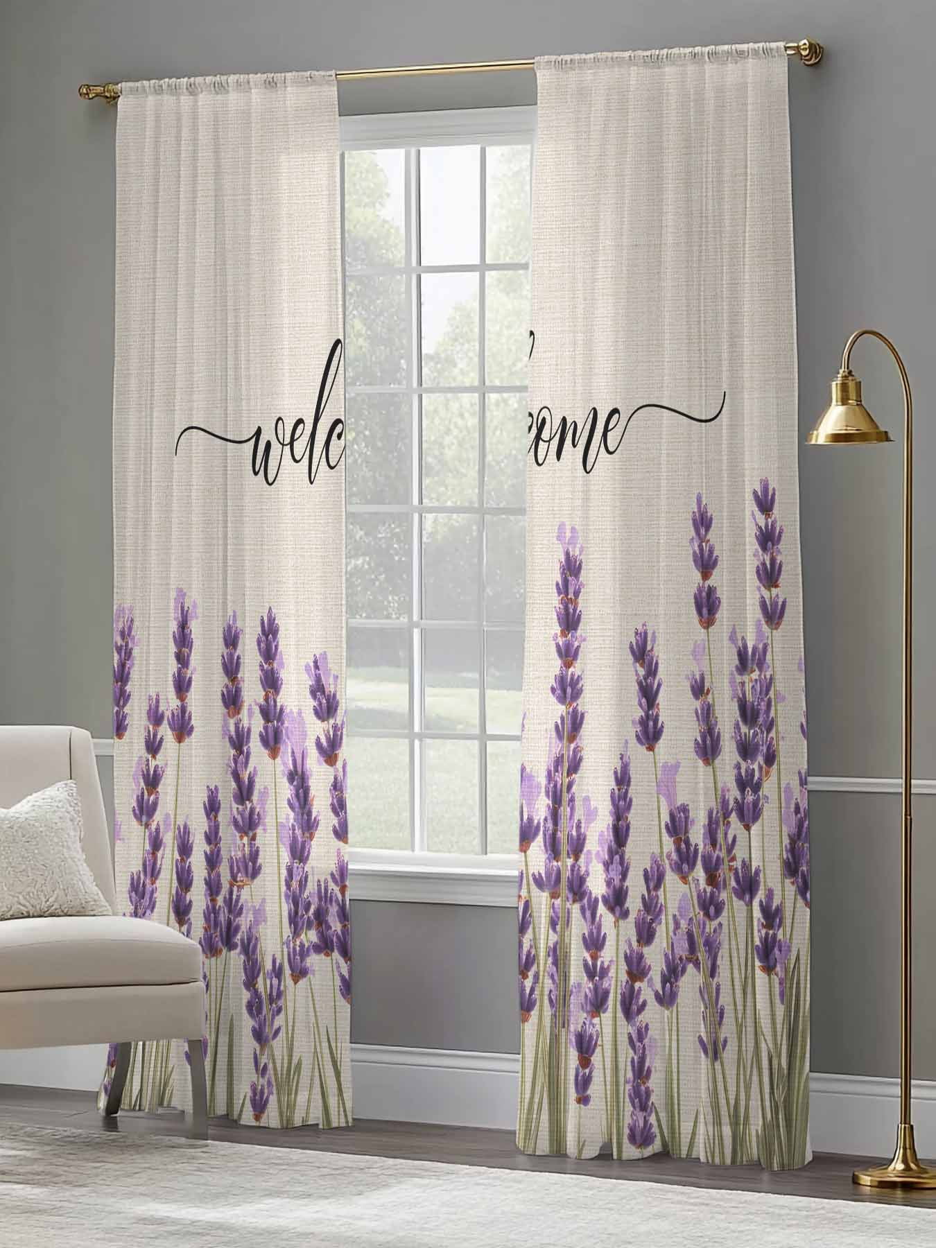 Purple Lavender Sheer Curtains 84 Inches Long 2 Panels, Semi Sheer Rod Pocket Window Curtains Light Filtering Drapes Spring Pastoral Linen Texture for Living Room Bedroom