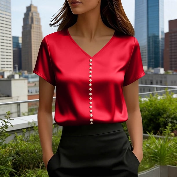 TaTaai Summer Fashion Solid Women's V Neck Short Sleeve Top, Pearl Embellished Casual Professional, Lightweight for Office Party Wedding Outfits Gift