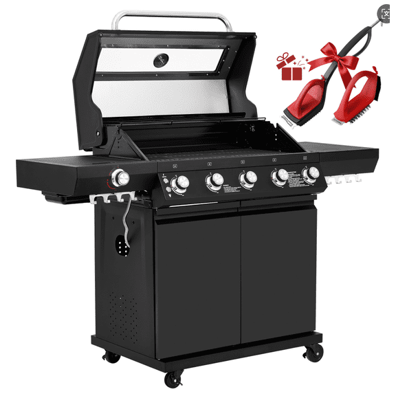 Royal Gourmet GEA5001H 5-Burner Gas Grill with Infrared Side Burner,Visible Upper Cover,Cabinet Style Grill for Outdoor Grilling and Backyard Cooking, Black