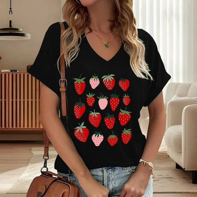 T-Shirts Tendance pour Femmes, Imprimé Fraise à la Mode, Col en V, Hauts Décontractés Légers, Tenue d'Été Stylée, T-Shirt à Manches Courtes