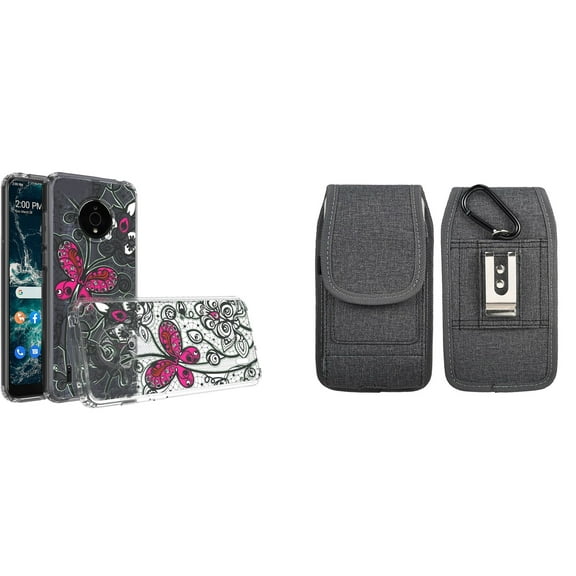 Case and Pouch Bundle for Nokia C200: Slim Series TPU Protector Case (Pink Butterfly) and Vertical Nylon Fabric Belt Holster (Grey)
