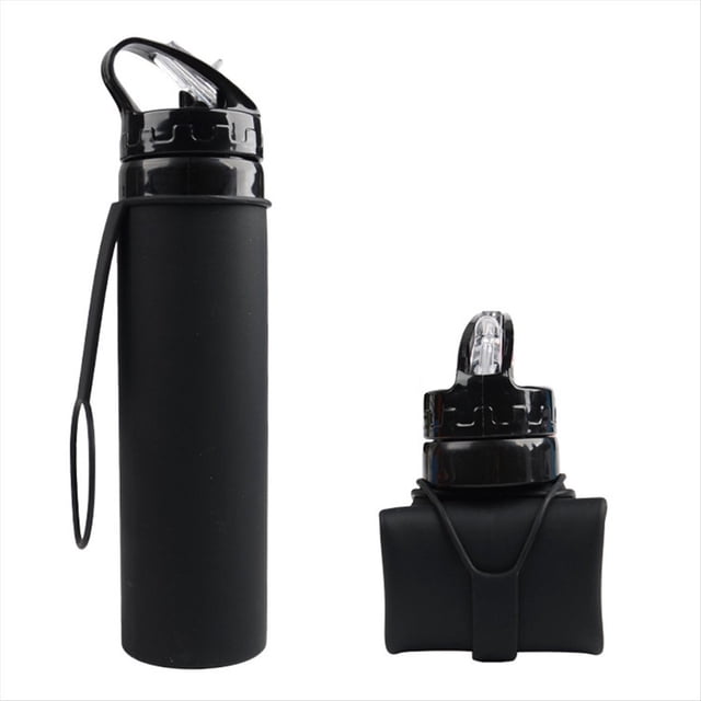 Botella de Agua de Silicona Plegable Negra de 600 Ml, de Agua para Ciclismo, Botella de Agua de Silicona Irrompible Portátil
