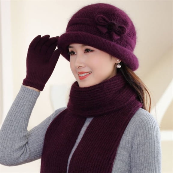 siminsem Women Beanie Hat Scarf Gloves Set - Warm Fleece Lined Knit Cap with Pom Pom & Touchscreen Winter Gloves, 3 Piece Cozy Cold Weather Outdoor Gift Set, Purple,One Size