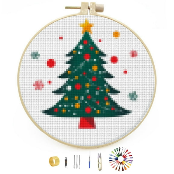 Merry Christmas Tree Stamped Cross Stitch Kits for Beginners with Hoop Simple Patterns 11CT Counted Embroidery Needlepoint Crafts Arts for DIY Enthusiasts and Home Decor 26x26cm(3)