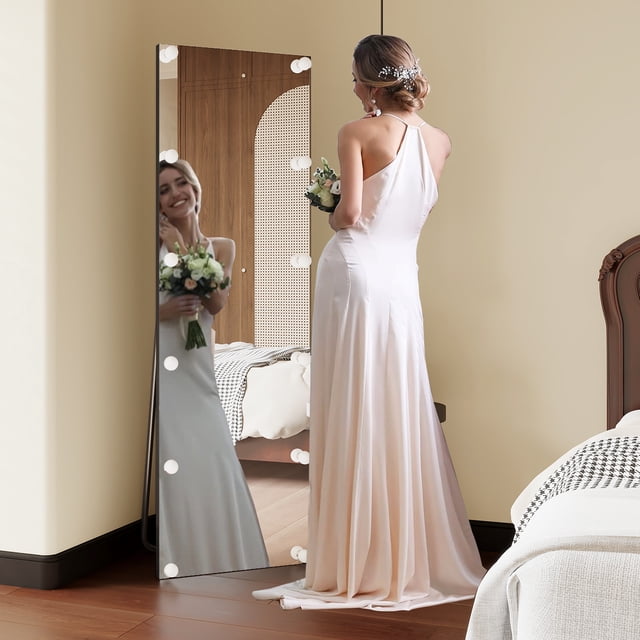 Light Bulb Floor Mirror - Full Body Standing Mirror with Adjustable LED Lighting, 63"X 20", Black