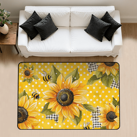 CURLYOOT Sunflower Yellow Bee Cutes Area Rug 3x5 Ft Rugs for Entryway Entrance Kitchen, Washable Non Slip Indoor Floor Carpet for Bedroom Living Room