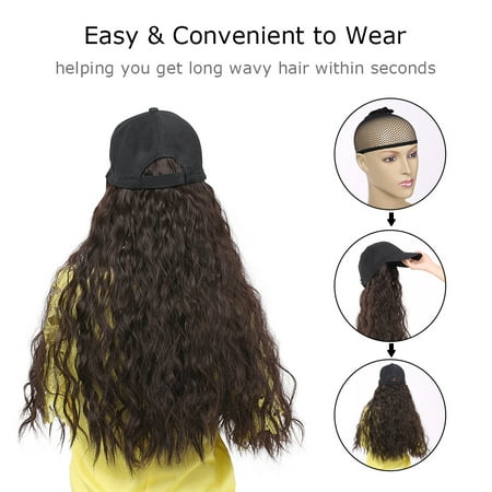 Black Baseball Cap With Synthetic Natural Wavy Hair Extensions