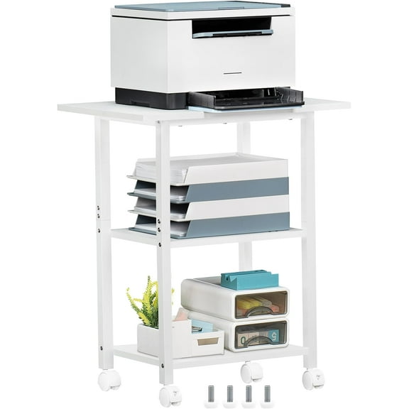 3-Tier Printer Stand, Industrial Mobile Printer Table with Storage Shelf and Steel Frame, Rolling Printer Cart Holder with Lockable Wheels for Home, Office (White)