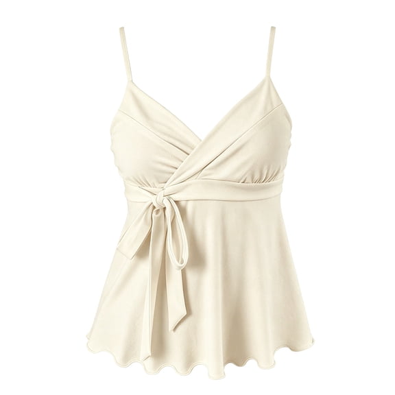 Vinsonshop Spaghetti Strap Tank Tops for Women Wrap V Neck Camisoles Side Tie Peplum Tops Casual Summer Sleeveless Shirts Flowy Blouses Basic Everyday Wear Beige L