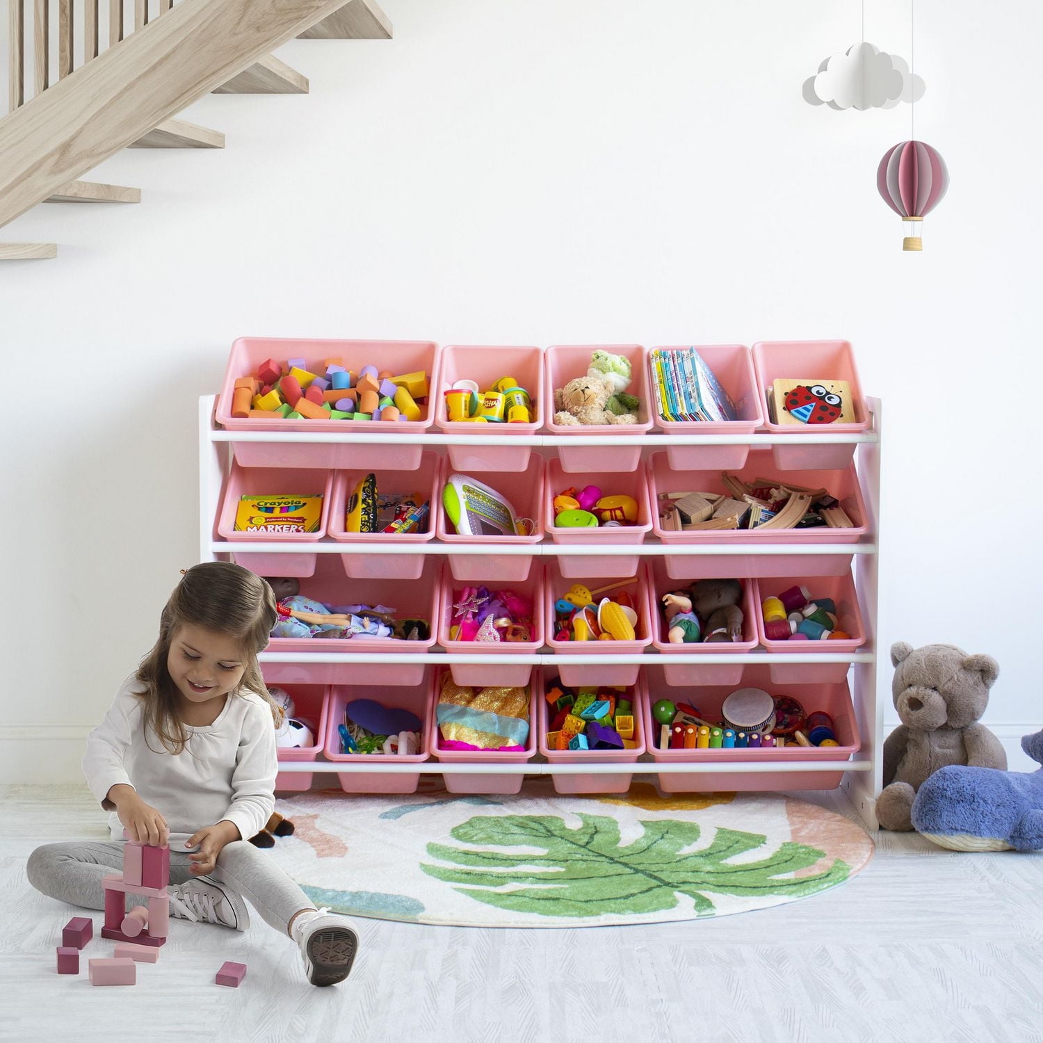 Humble Crew Carly Organisateur de rangement de jouets extra large avec 20 bacs de rangement en plastique, blanc/rose