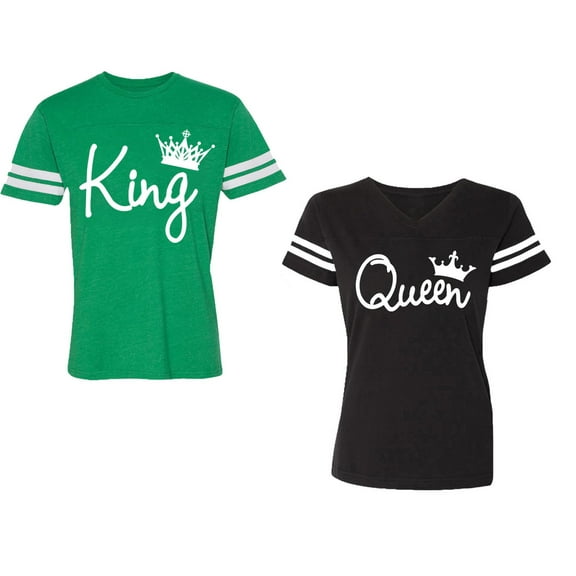 Fashion King Queen Unisex Couple Matching Cotton Jersey style T-Shirt Contrasting stripes on sleeves (Men Green / Women Black) (Men S / Women S)