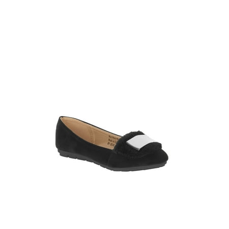 

Victoria K Women s Soft Textured Material With Faux Fur Ornament And Solid Silver Placket Ballerina Flats
