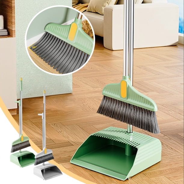 Juego 2 en 1 de escoba y recogedor con mango de 33" - plástico verde/gris, cabeza giratoria a 180° y peine incorporado para pelo de mascota, almacenamiento vertical que ahorra espacio