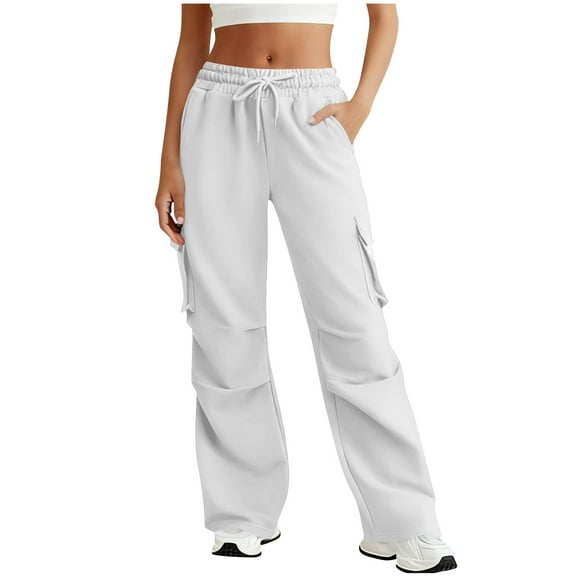 Fleece Sweatpants Women Cargo Pants Fall Winter Soft Warm Drawstring Elastic Waist Straight Leg Long Pants Multi-Pocket Trousers