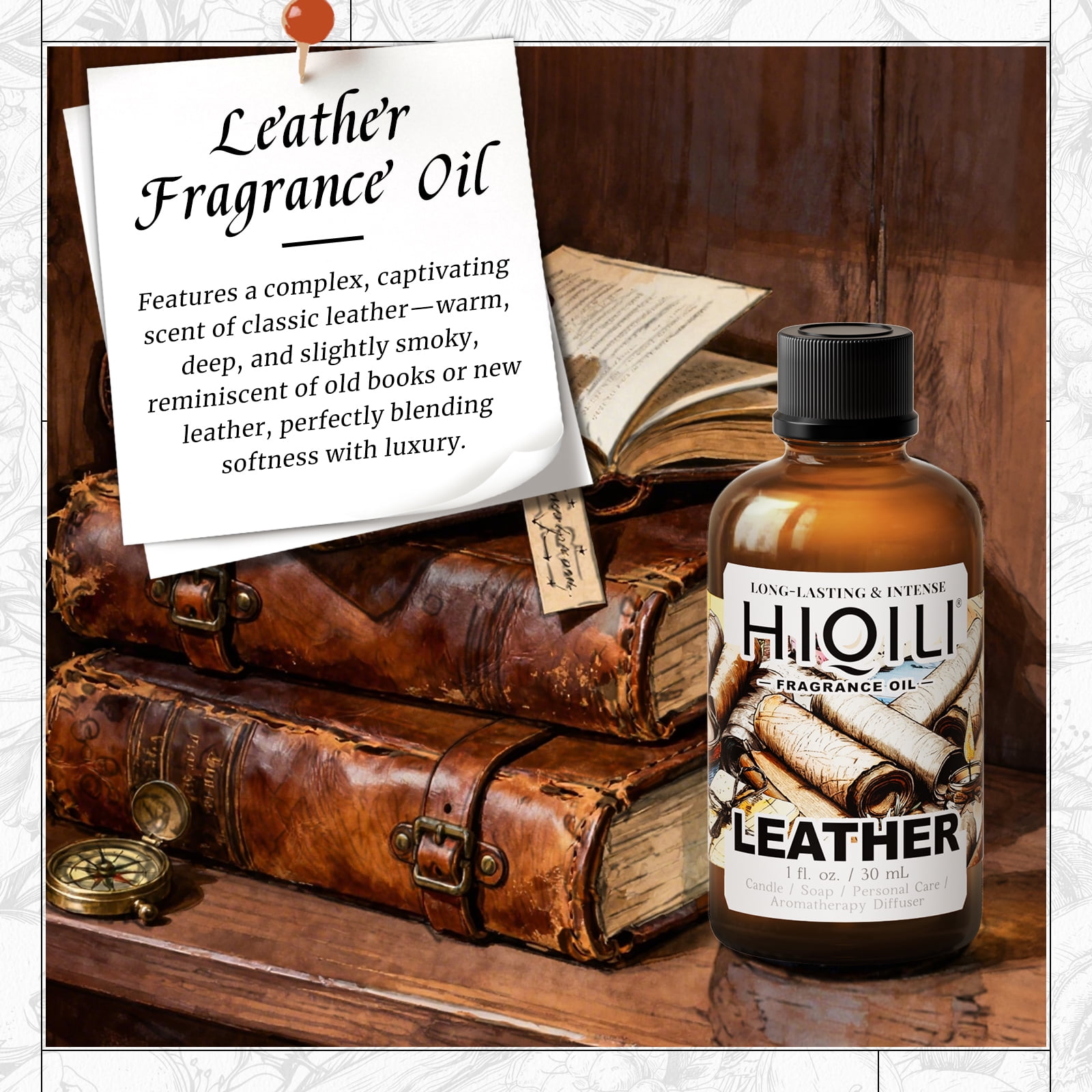 HIQILI Leather Fragrance Oil, Men's Scent, 30mL for Car Diffuser Air Freshener Soap&Candle Making
