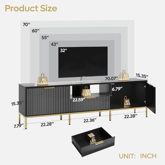 70 Inch TV Stand with LED Lights, Black Modern Entertainment Center for TVs  to 80 Inches with Storage