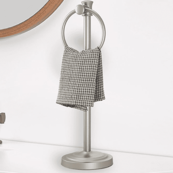 17 Inch Stand Hand Towel Holder Towel Bar Towel Hanging Ring, Free Standing Floor Hand Towel Rack Storage for Bathroom Kitchen Vanity Countertops, Hardware Accessories(Brushed Nickel)