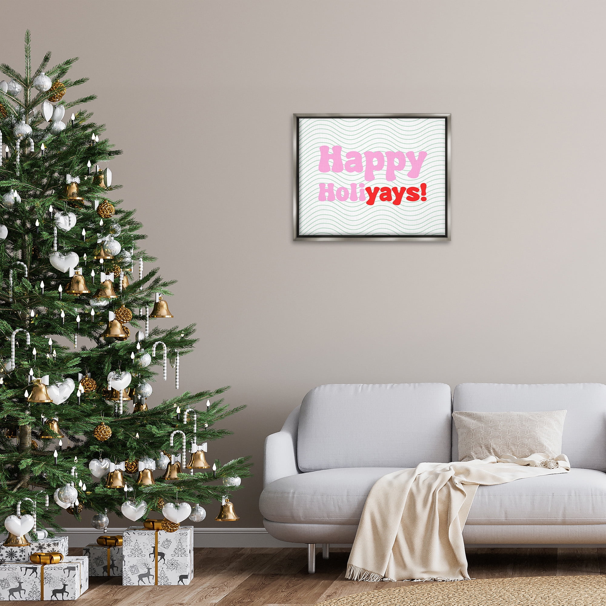 Stupell Industries Happy Holiyays Patterned Holiday Painting Gray Floater Framed Canvas Art Print Wall Art, 31 x 25