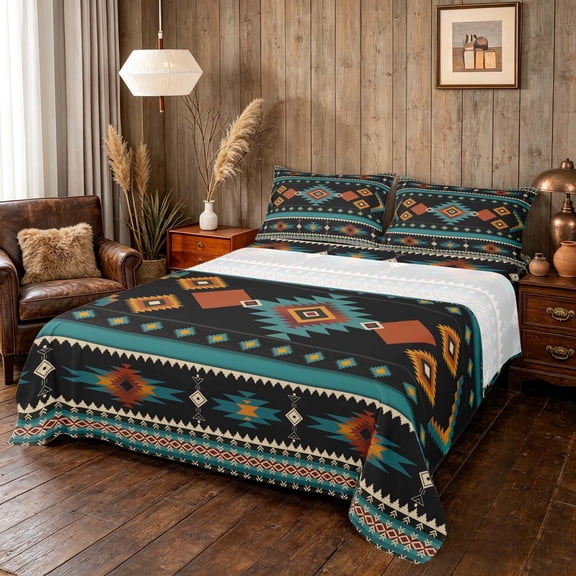 Manfei Tribal Aztec Queen Sheets, Boho Geometric Queen Sheet Sets, Teal, Orange and Black, Black Reversible 4pcs1 Flat Sheet + 1 Fitted Sheet + 2 Pillowcases