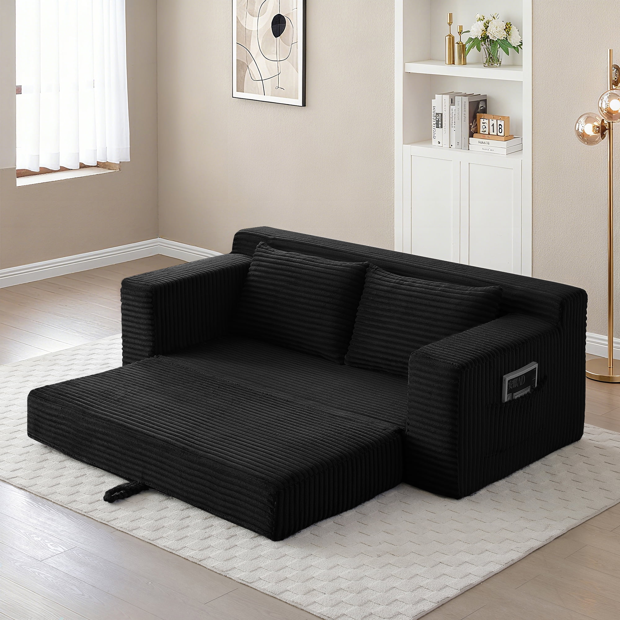 Miniyam Cloud Loveseat Sofa, 2 in 1 Convertible Folding Couch Bed, No Assembly Compressed Corduroy Floor Lounge Sofa for Apartment Office, Black