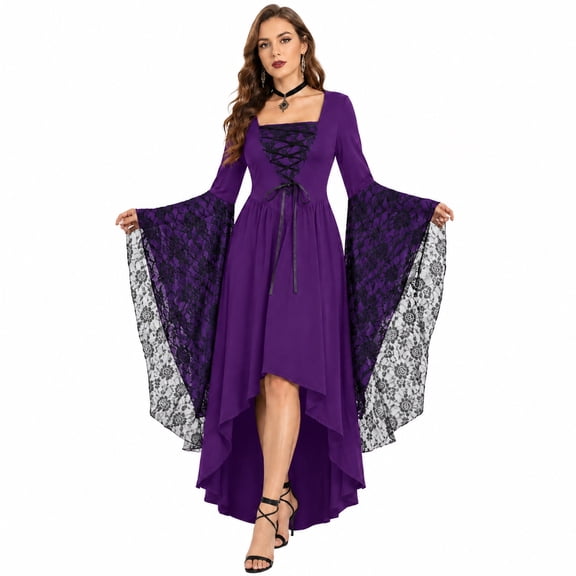 Witch Costume Women Halloween Costumes 2026 Bat Sleeve Dress Vampire Renaissance Medieval Adult Gothic Dresses Black 4XL