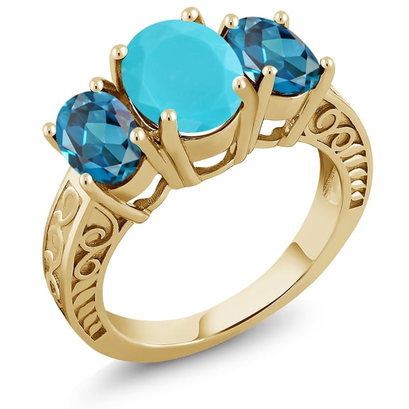 Gem Stone King 3.50 Ct Oval Green Turquoise London Blue Topaz 18K Yellow Gold Plated Silver Ring (Size 5)
