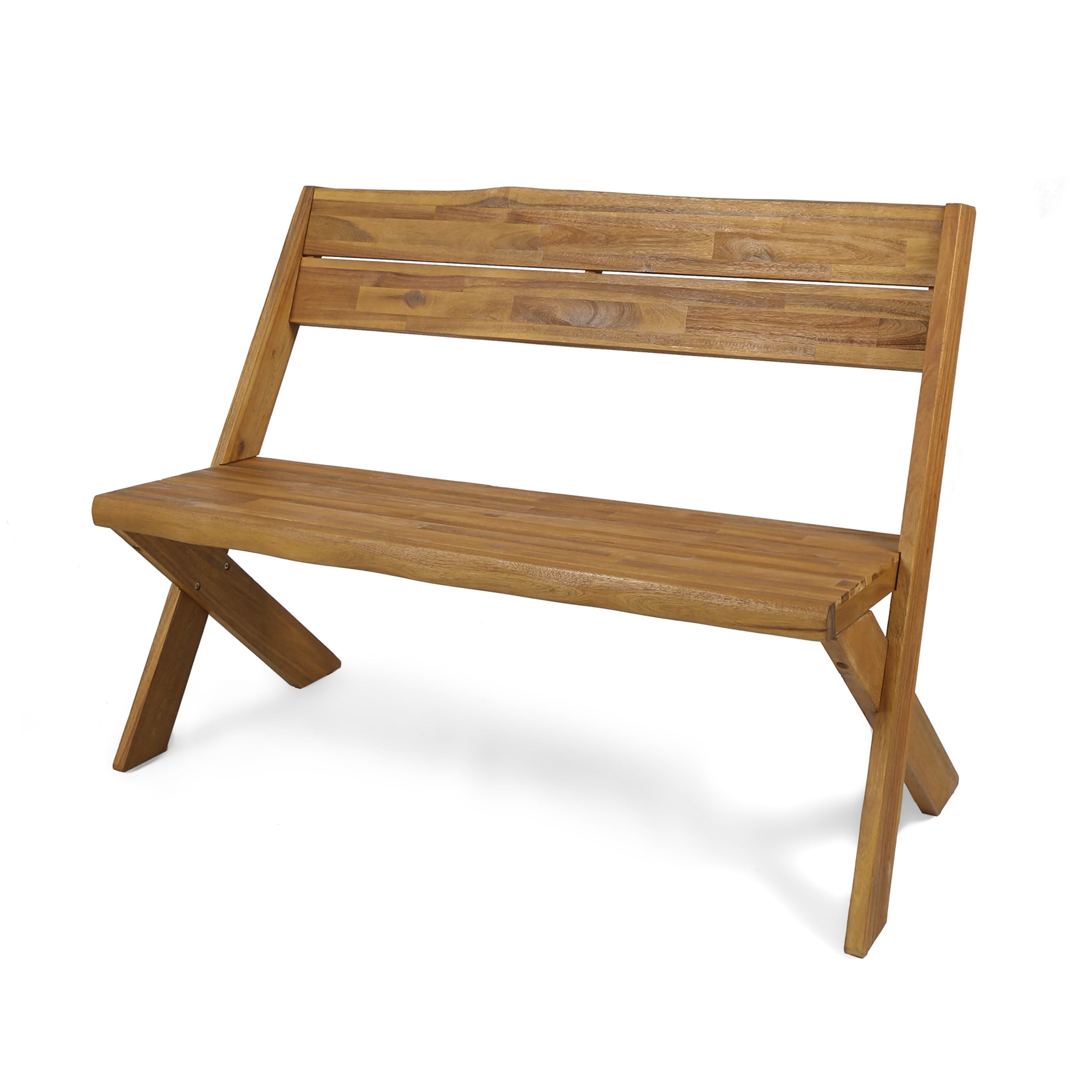 Estelle Outdoor Farmhouse Reclined Back Acacia Wood Bench, Teak