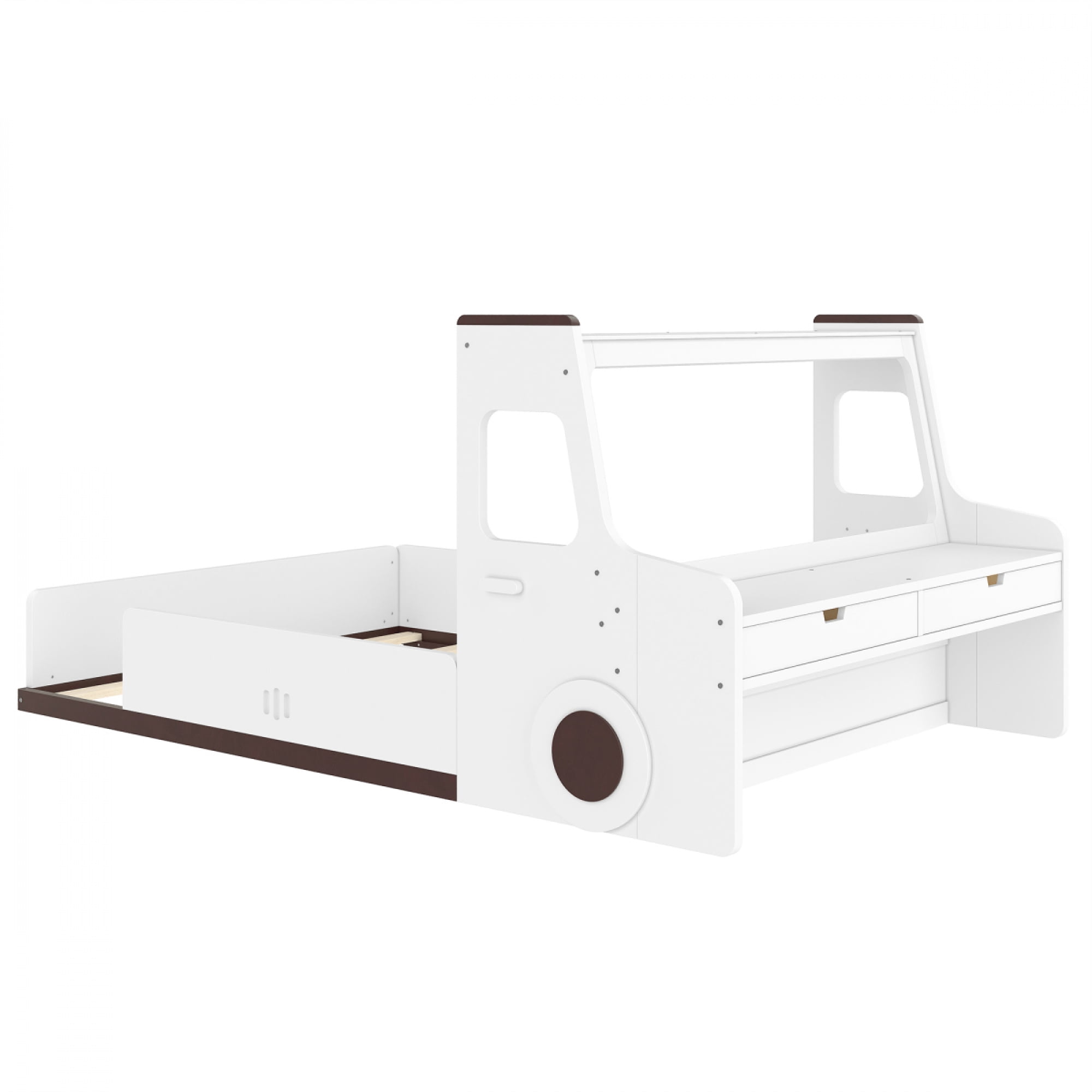 Full Size Car-Shaped Floor Bed - with Storage Drawers, Window & Desk for Bedroom,Light White