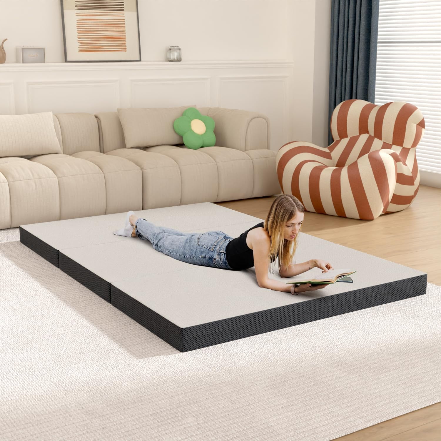 NiamVelo Folding Mattress, 4 inch Memory Foam Tri Folding Mattress, Portable Tri-fold Mattress Topper Foldable Mattress Guest Bed for Camping, Full