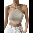 thumbnail image 1 of Top Corto de Punto con Cuello Halter, Sin Mangas y Dobladillo Asimétrico Anudado para Mujer Albaricoque L, 1 of 4