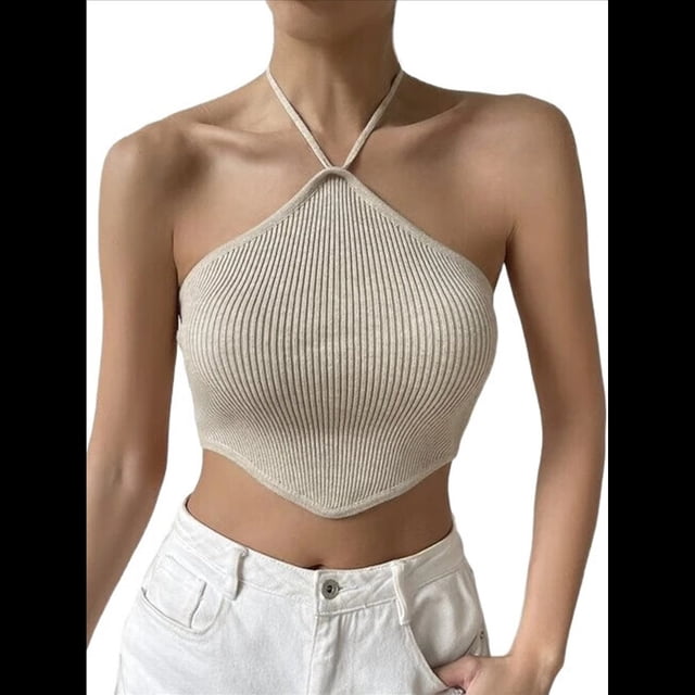 Top Corto de Punto con Cuello Halter, Sin Mangas y Dobladillo Asimétrico Anudado para Mujer Albaricoque L