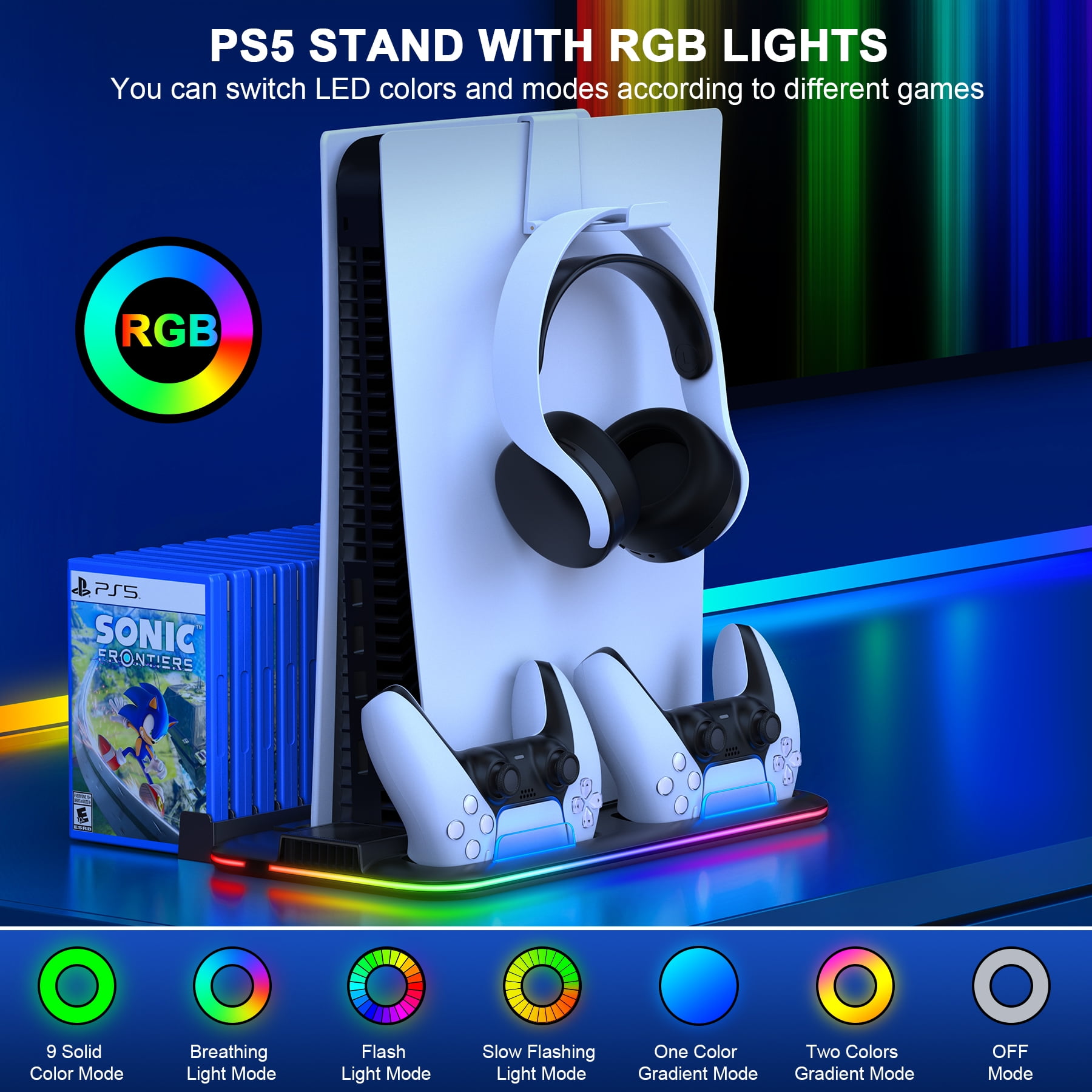 Auarte 2023 RGB Horizontal Stand for PS5 Slim Console Accessories with 14  Light Mode and 4 USB Hubs, Side Stand for Playstation 5 Slim Disc &  Digital