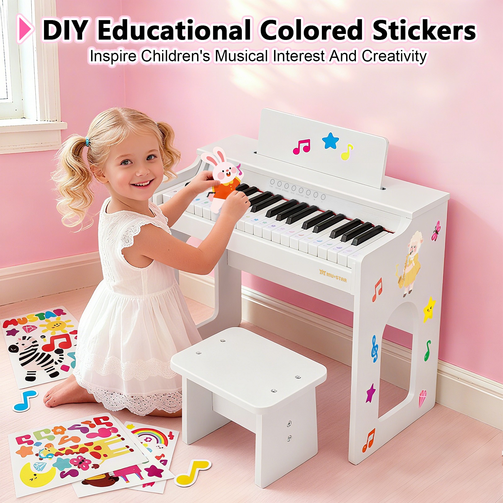 Mustar 37 Keys Kids Wooden Electronic Digital Piano Keyboard with Stool, Songbook, DIY Stickers (White)