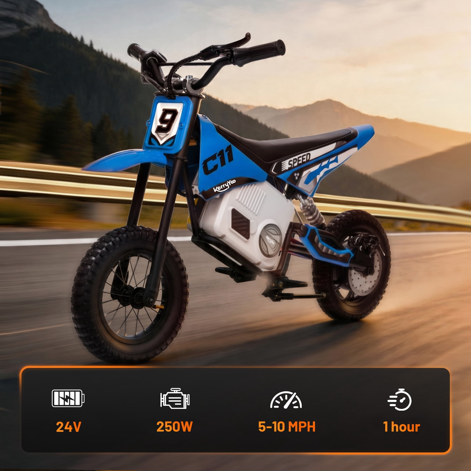 Electric Dirt Bike for Kids 6+, 24V Motorcycle, Electric Motorbike, 5-10 mph, High/Low Speeds-Blue