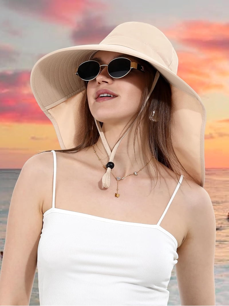 Womens Sun Hat Wide Brim with Ponytail Hole Neck Flap 