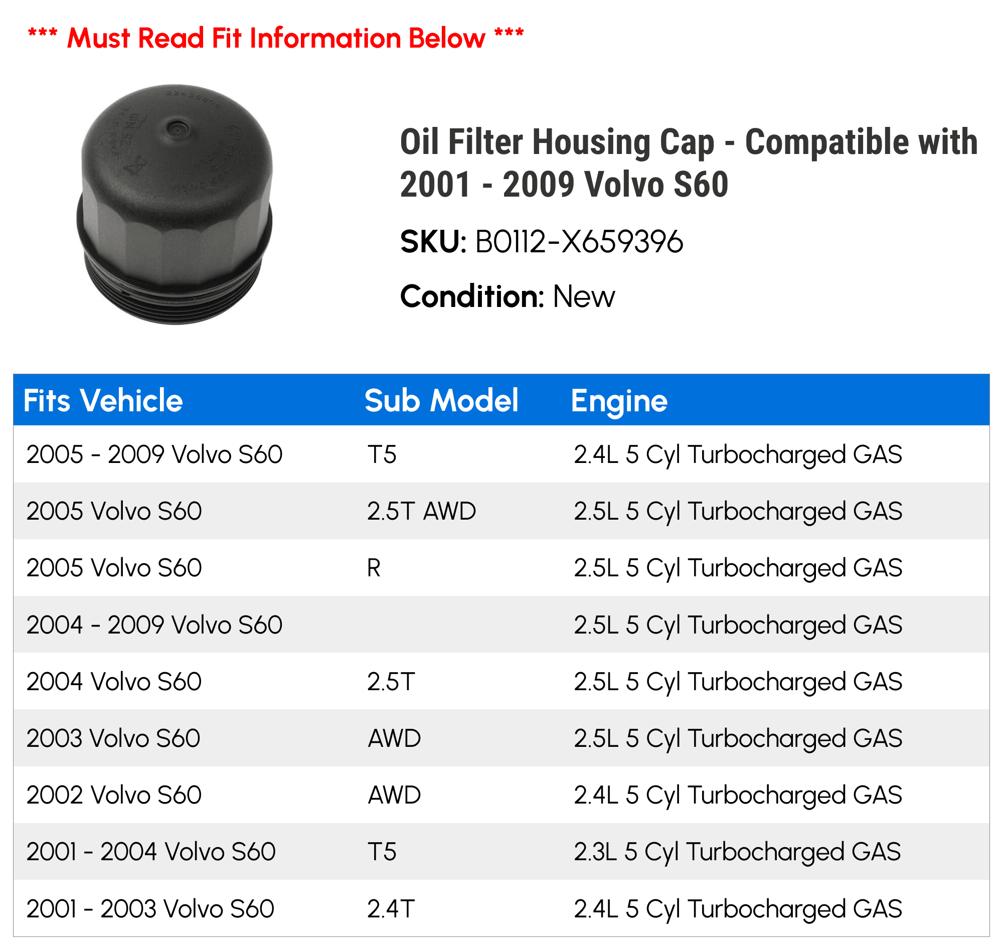 Oil Filter Housing Cap - Compatible with 2001 - 2009 Volvo S60 2002 2003 2004 2005 2006 2007 2008