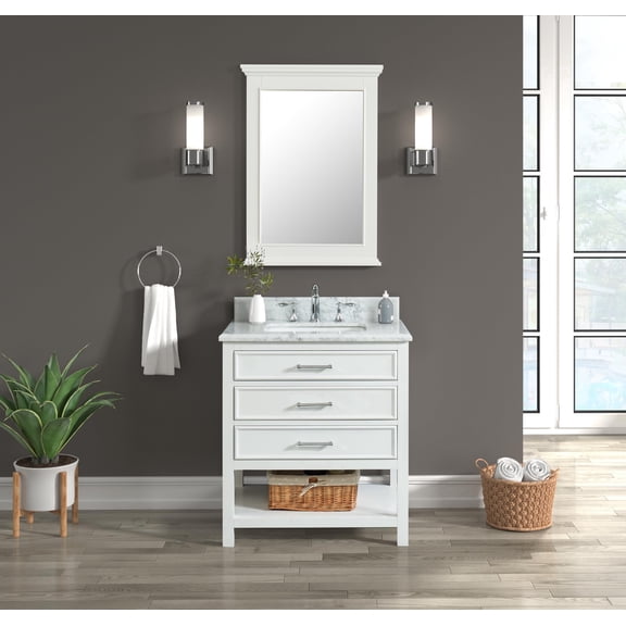 Manhattan 30" Single Bathroom Vanity, 31" W x 22" D x 34.5" H, Carrara Marble Top with Sink & Backsplash, Dove White, Solid Wood, Pre-Assembled, 3 Soft-Close Drawers, 1 Shelf