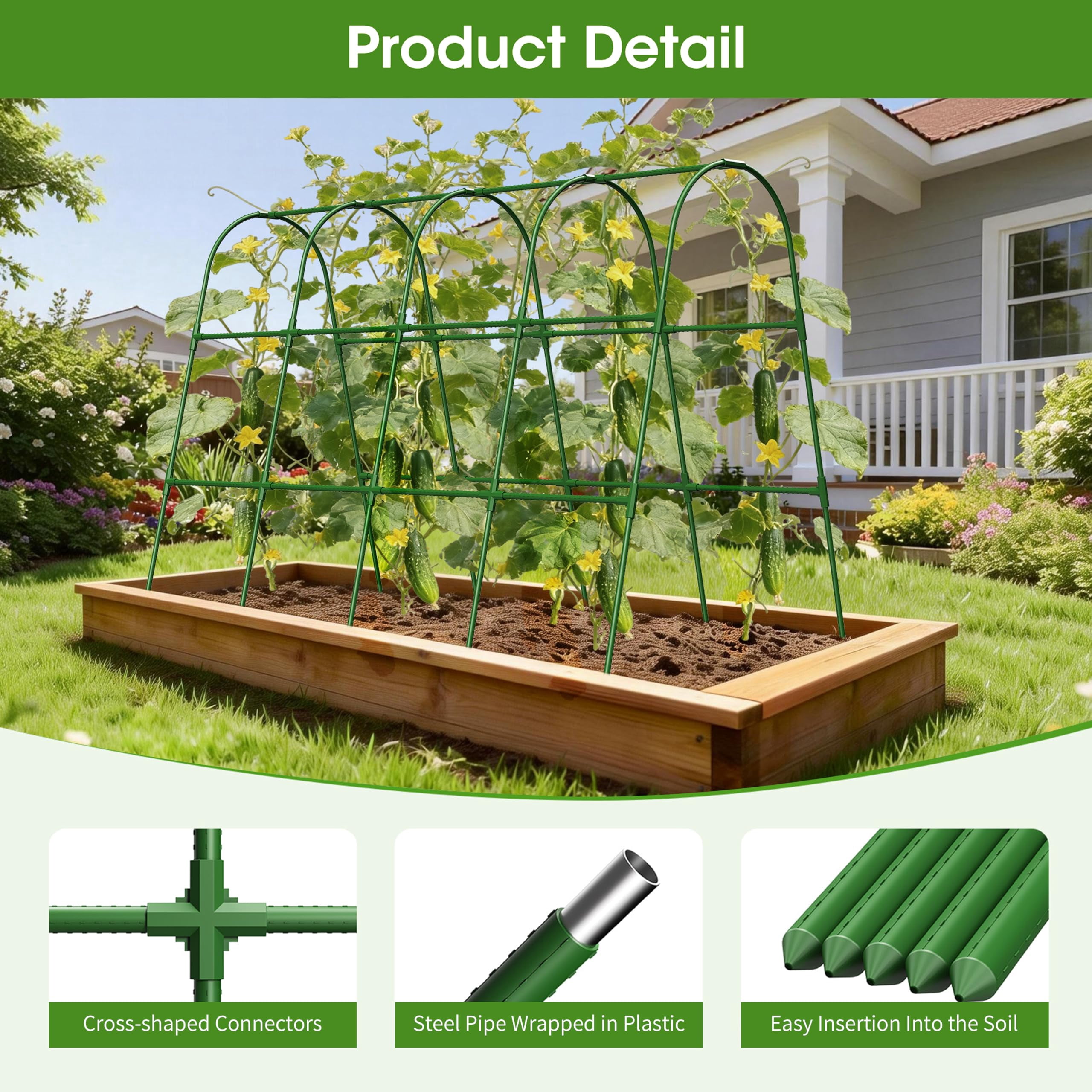 Cucumber Trellis for Raised Bed,U-Shape Garden Trellis for Climbing Plants Outdoor, Metal Arch Vegetables Trellis, Plant Support for Vine (Green, 63" Lx21.6 Wx47.2 H-Large)