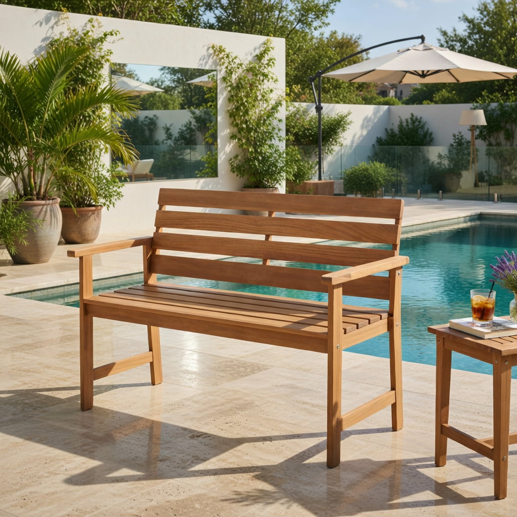 Hommoo 2-Person Solid Wood Outdoor Bench, Slatted Breathable Seat & Ergonomic 102° Inclined Backrest for Patio, Porch & Balcony, Natural