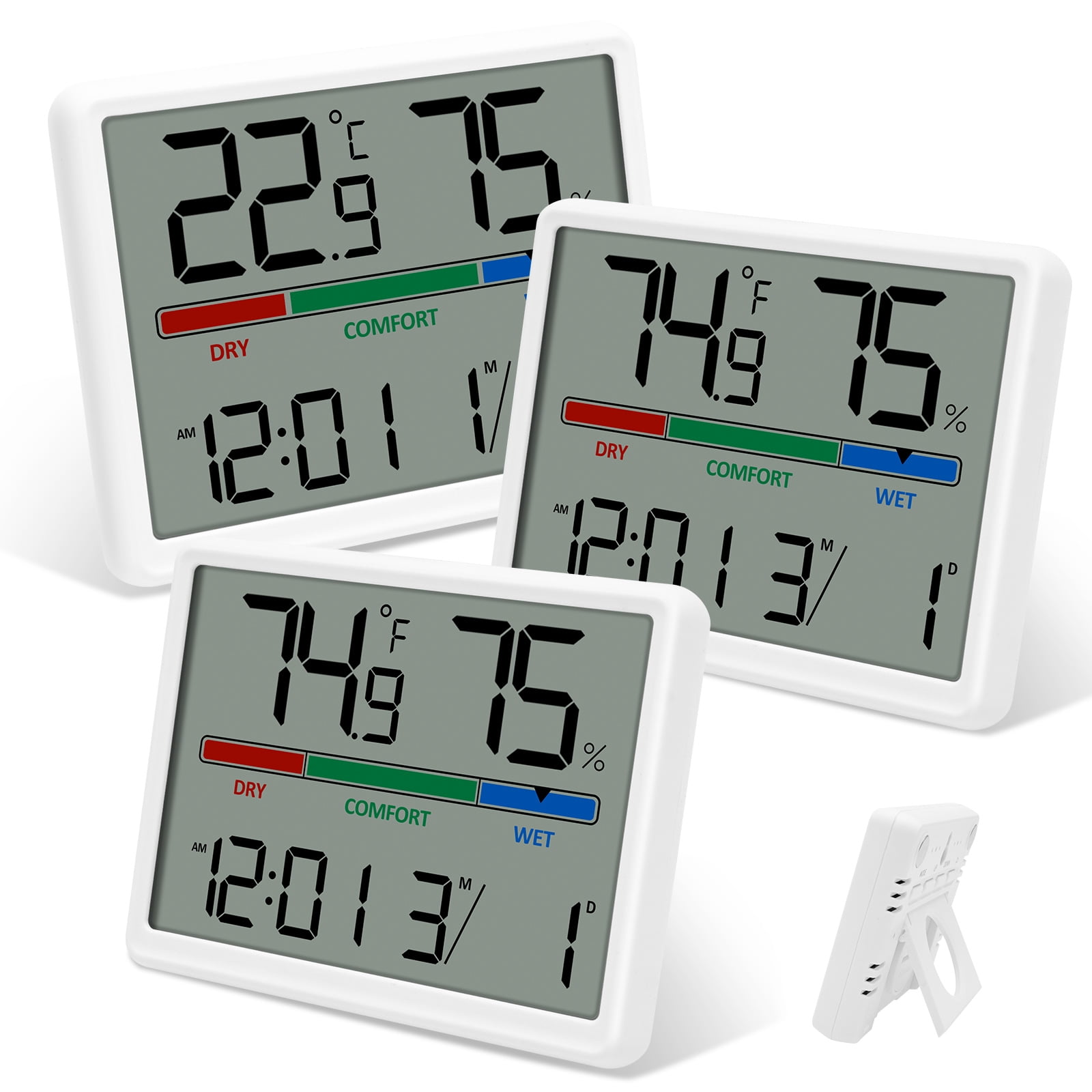 Wakehye 3Pcs Digital Hygrometer,Digital Temperature & Humidity Monitor with Calibration, Clear LCD Display & Clock,Accurate Room Gauge for Home, Baby Room, Office,White
