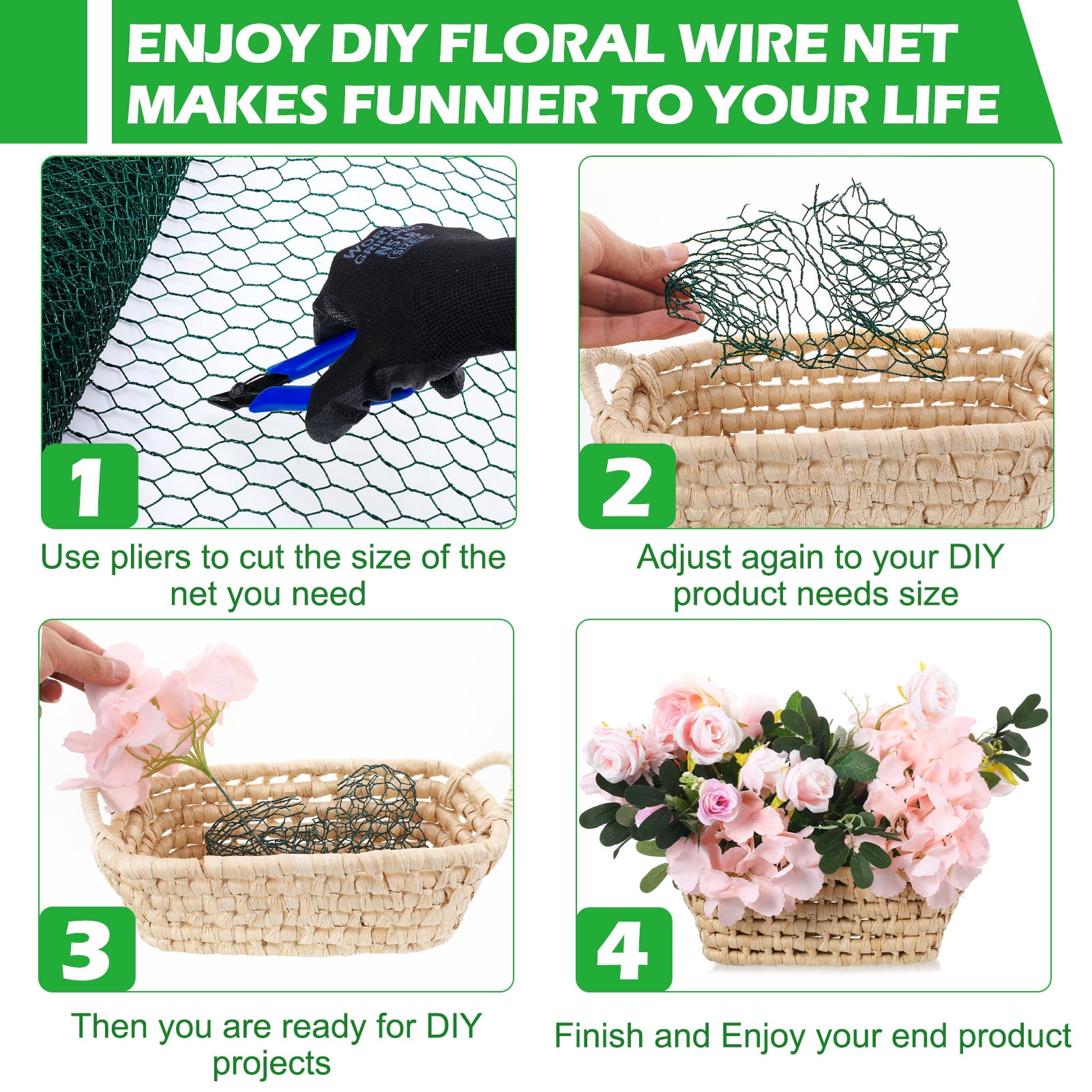 topjuju Chicken Wire Fencing Set , 15 x 394 Inches Green Chicken Wire Mesh with 50 Twist Ties, Pliers and Gloves, 0.6 Inch Hexagonal Galvanized PVC Coated Netting Fence for Crafts, Poultry, Garden