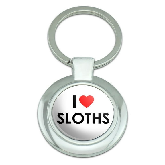 I Love Heart Sloths Classy Round Chrome Plated Metal Keychain