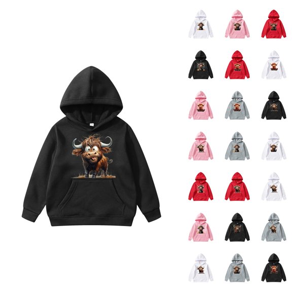 Cute Highland Cow Hoodies for Kids Christmas Long Sleeve Hooded Sweatshirt with Pockets for Boy Girl Pullover Top