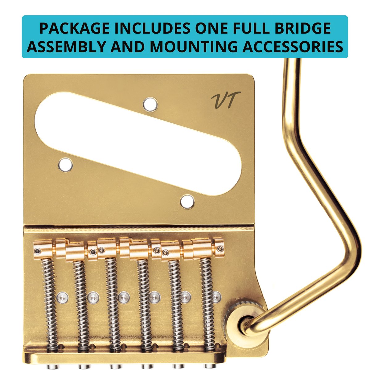 Vega-Trem VT2ND TeleTrem Classic Gold w/out Logo  No-Drill Tremolo for Telecaster-Style Guitars Classic 71 mm Layout, Patented 3-Pair Independent Brass Saddles, Tension-Adjustable