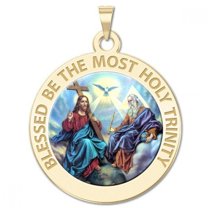 Picturesongold.Com Holy Trinity Round Religious Necklace Pendant Medal Color - 1 inch Size of a Quarter -Solid 14K Yellow Gold
