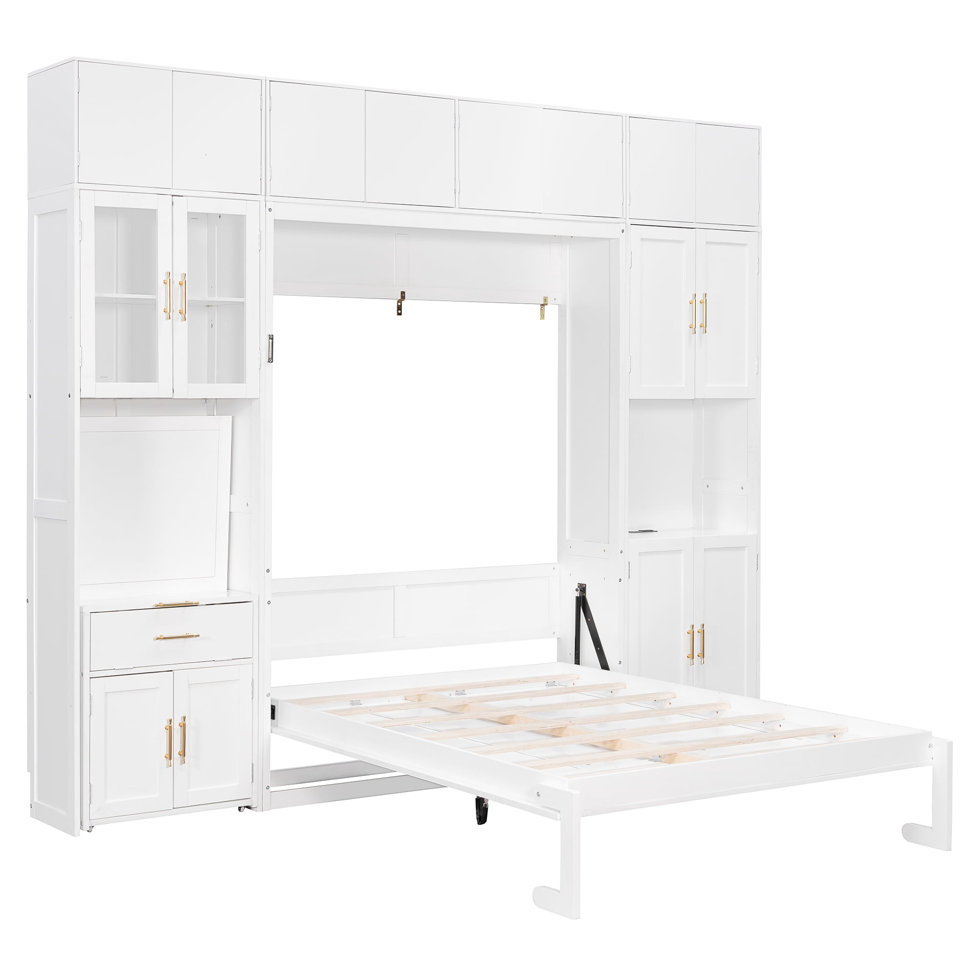 Mintazer Full Size Murphy Wall Bed with All-In-One Surround Storage Wall, Multifunctional Foldable Cabinet Bed with Pull-Out Desk & Charging Station for Home Office Bedroom, Gray