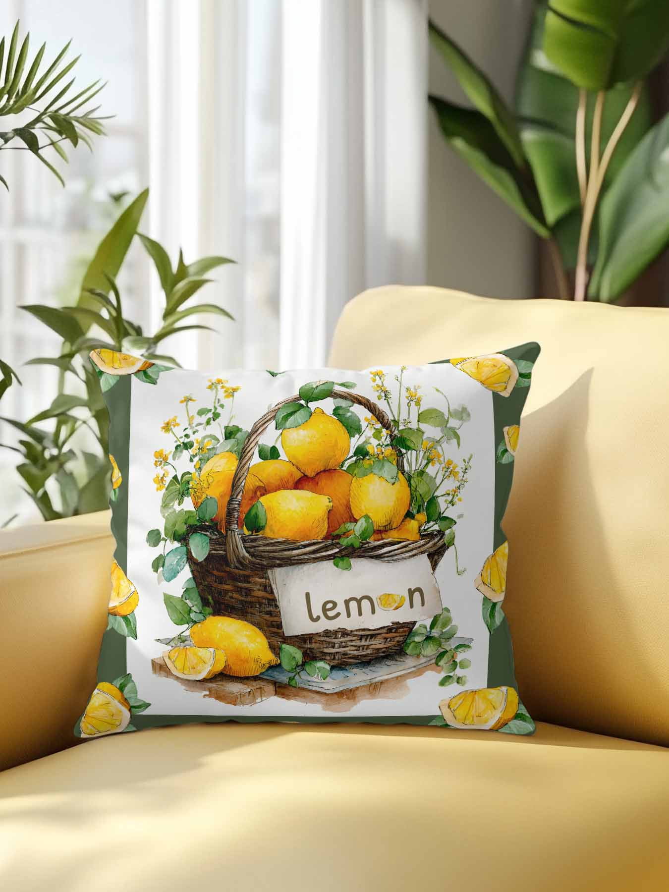 1 Pack Outdoor Pillows Waterproof, Lemon Basket Summer Indoor/Outdoor Throw Pillows with Inserts, Farmhouse Green Lace Eucalyptus Decorative Pillow for Patio Furniture Chairs Couch