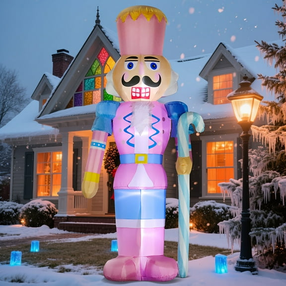 12ft Inflatable Nutcracker with Candy Cane - Built-in LED Lights, Pink & Blue Holiday Decor for Outdoor Yard, Garden, Patio - Durable Polyester, 110-240V, US Plug, Festive Christmas Display